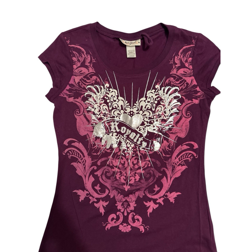 SELF ESTEEM Royalty Tee Shirt Top Womens Large Purple & Silver Slim Fit Blouse - Picture 3 of 14